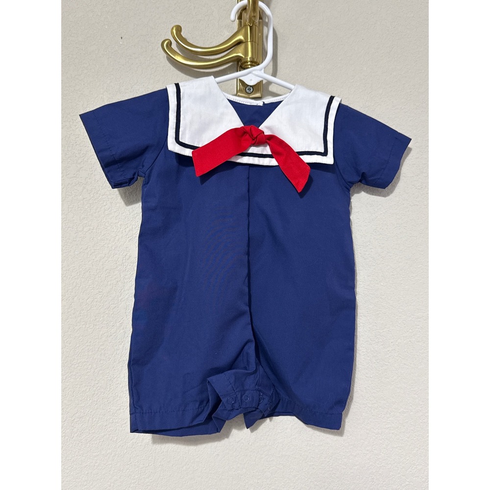 Petit Pomme Sailor Romper Baby 3M Navy Blue White Red Bow Nautical One Piece